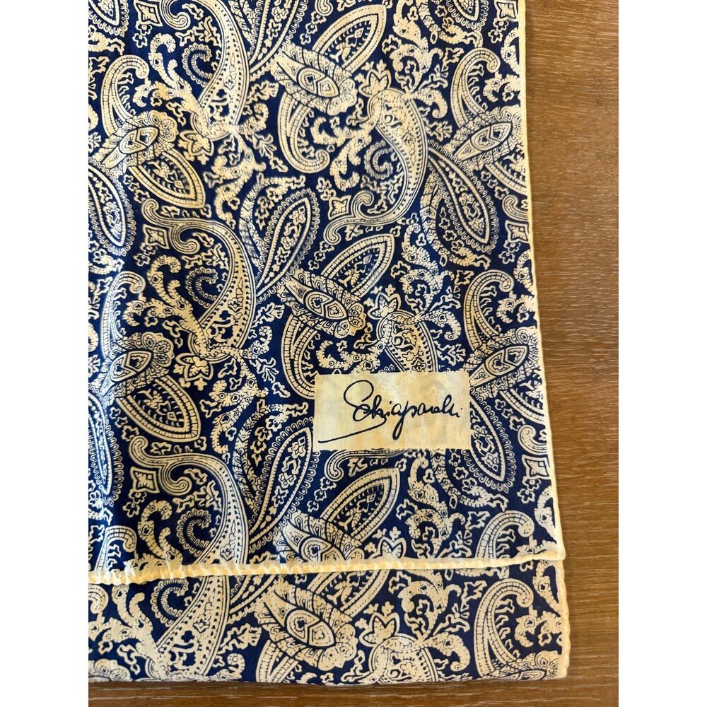 Masion Schiaparelli Vintage Blue Cream Paisley Rectangle Silk Scarf 44 x 13